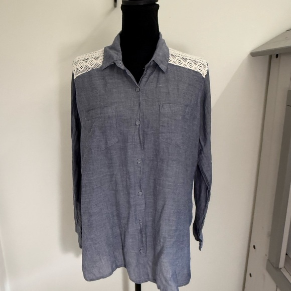 Rebellion Blue and White Casual Button Down Shirt with Lace Detail - Picture 1 of 5